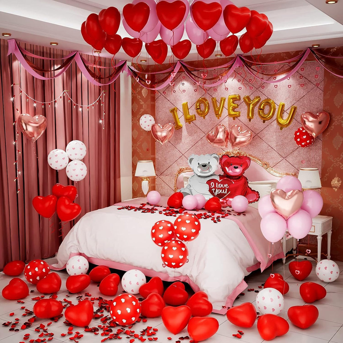 Valentines Day Balloons Kit with Heart Balloon Bear Balloon Pink Balloons I Love You Balloons 1000pcs Rose Petals for Valentines Decorations