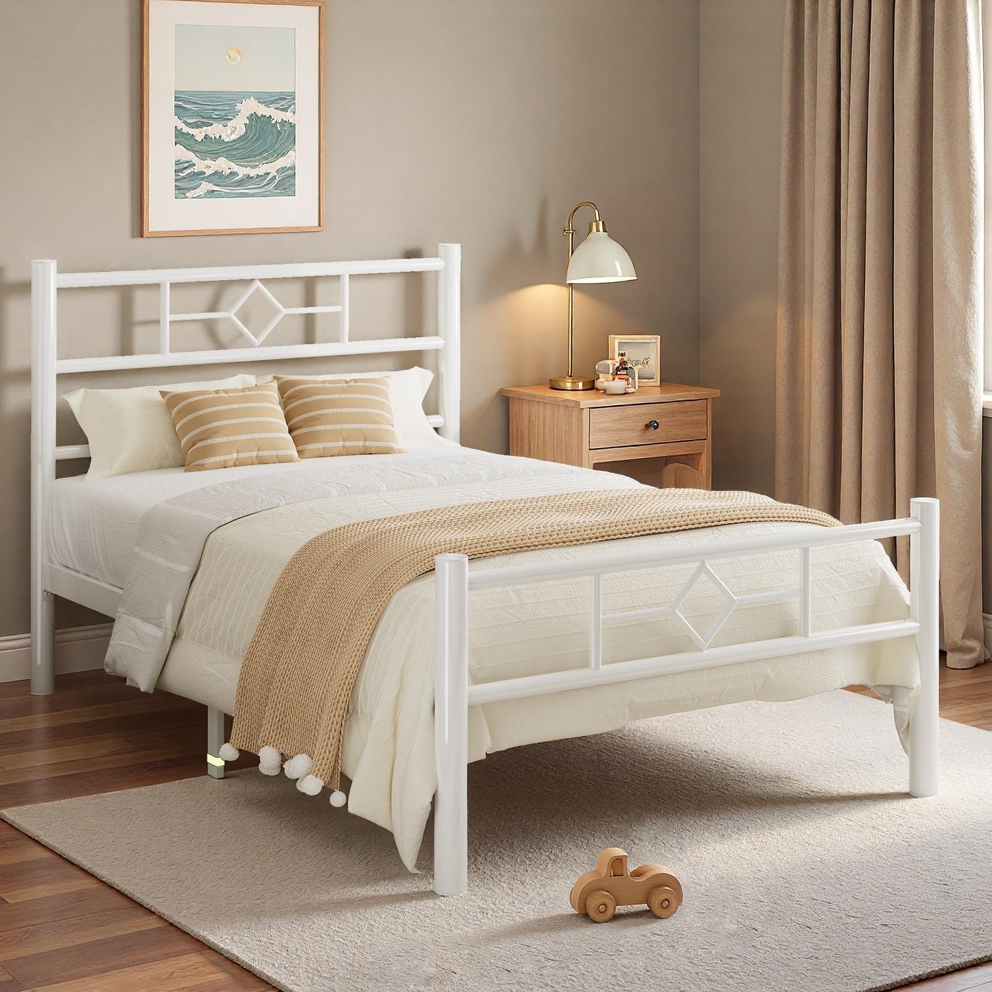 Feonase Single Bed Frame 3ft with Headboard & Footboard, Single Metal Bed Frame with Heavy Duty Metal Slat Support, Ample Under-bed Storage