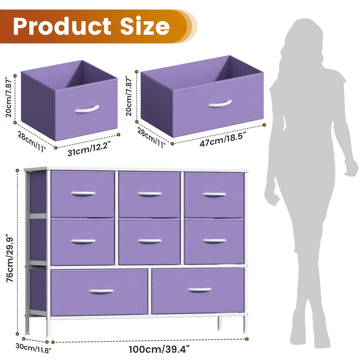 Feonase Chest of Drawers, Bedroom Dresser with 8 Fabric Drawers, Metal Frame & MDF Wood Top, Adjustable Feet, Storage Organizer Unit for Bedroom