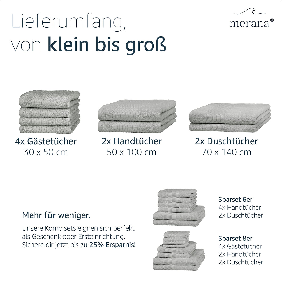 Merana Hand Towel Set, Absorbent, Soft and Lint Terry Towel Quality Made of Heavy Organic Cotton 590 GSM (Dolphin Grey, 4 x Guest Towels (30 x 50 cm)