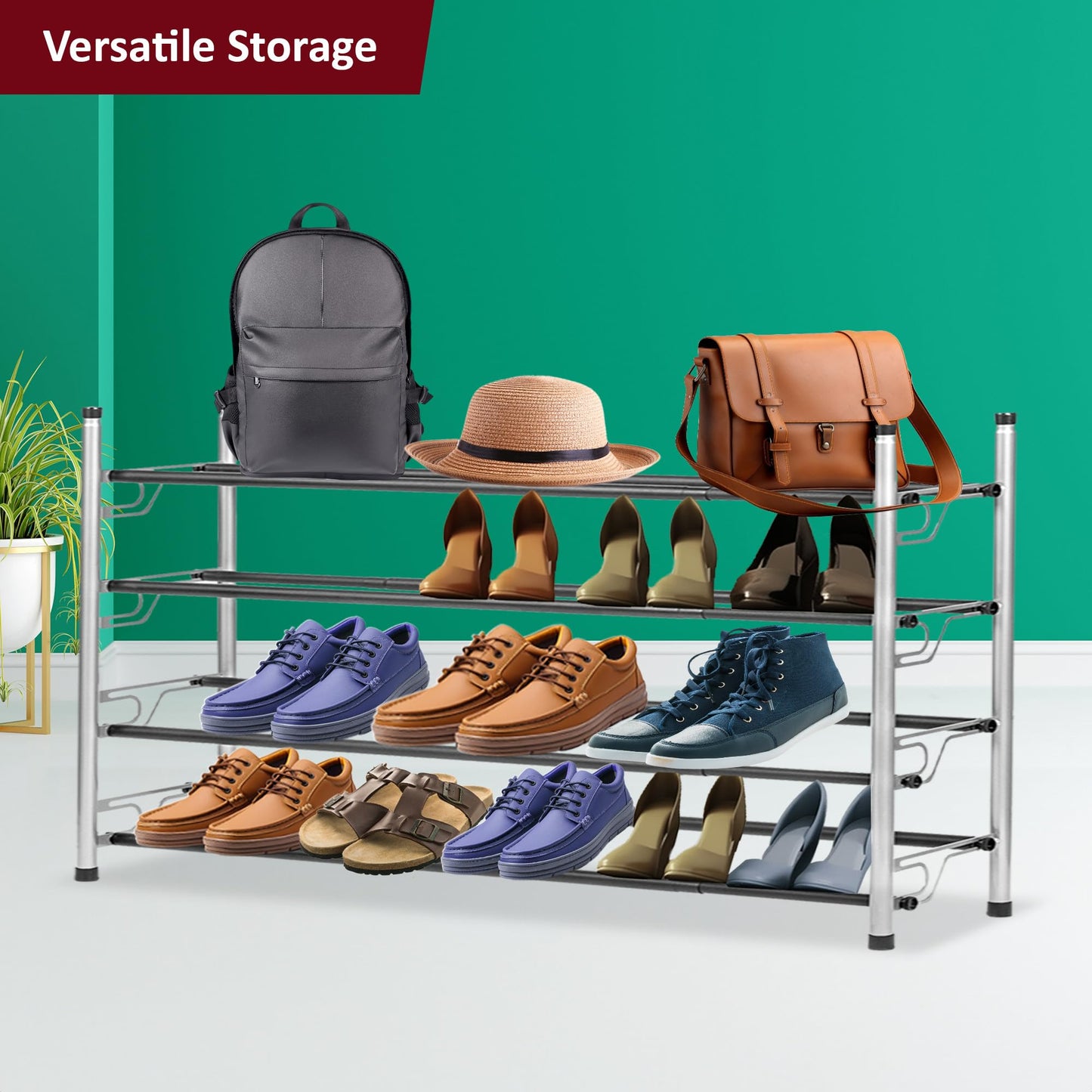 USTECH 4 Tier Adjustable Metal Shoe Rack Storage Organizer | Portable, Large, Free Standing Closet Shelf for Bedroom and Entryway for Kids and Adults