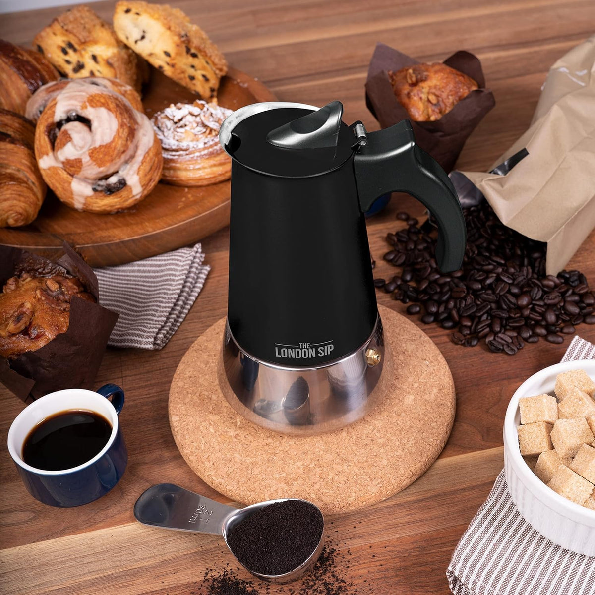 The London Sip Moka Pot, Stovetop Coffee Maker, Italian Style Espresso Maker, Stainless Steel, Induction Compatible, Modern Chrome, Black, 6 Cup (300