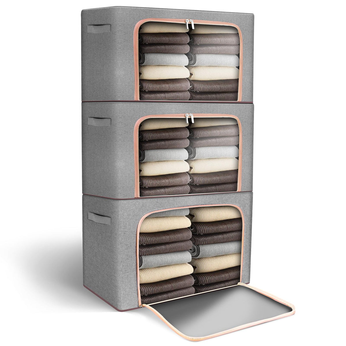 OurLeeme Clothes Storage Bags 3 Pack Foldable Storage Box 24L Wardrobe Clothes Storage Organiser with Zip and Lid Organizer for Moving House Thick
