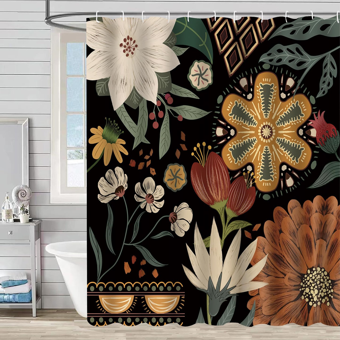 MAIGO Shower Curtain 180X180CM - Boho Geometric Waterproof Polyester Pattern With Hooks (FLOWER)