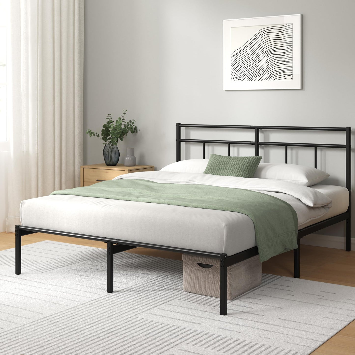 Zinus Elias Double Bed Frame  Bed 135x190 cm  30cm Height Metal Bed Frame with Headboard  Platform bed frame with steel slat support  Modern