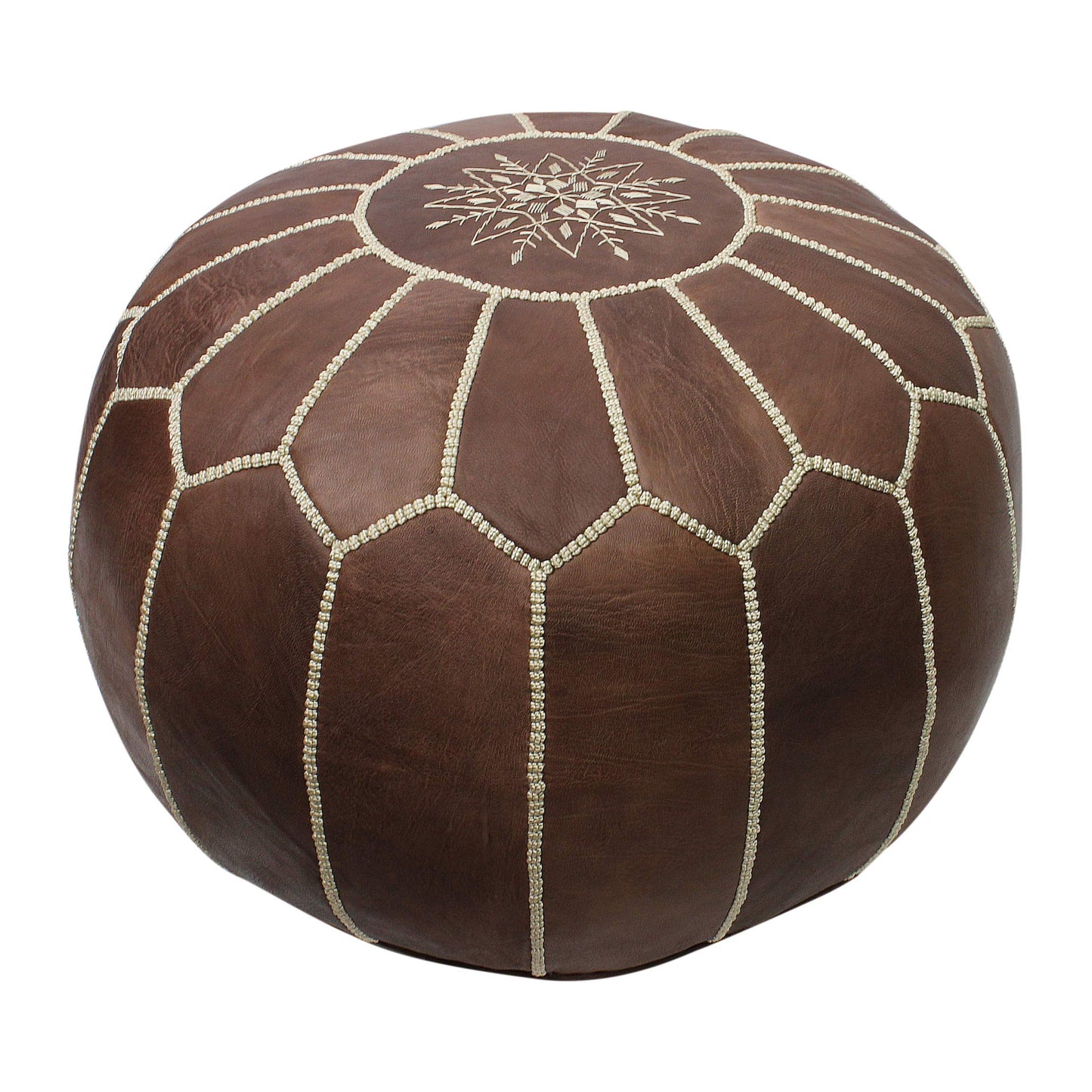 ESSENCE OF MOROCCO Moroccan Pouffe Pouf Footrest Footstool Ottoman Real Leather Brown Tan Handmade Hand-stitched with Embroidered Design (COVER ONLY)