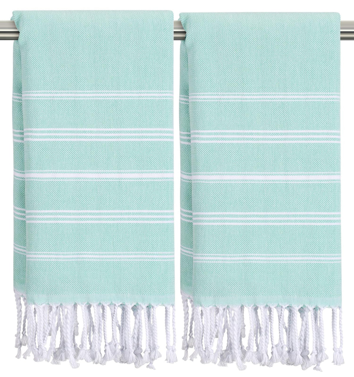Ouxiaobai Hand Towels for Bathroom - Pack of 2 Turkish Hand Towels Set, Thin Decorative Tea Towel, 20 * 30 Inch Kitchen Cloth with Tassel (Aqua)