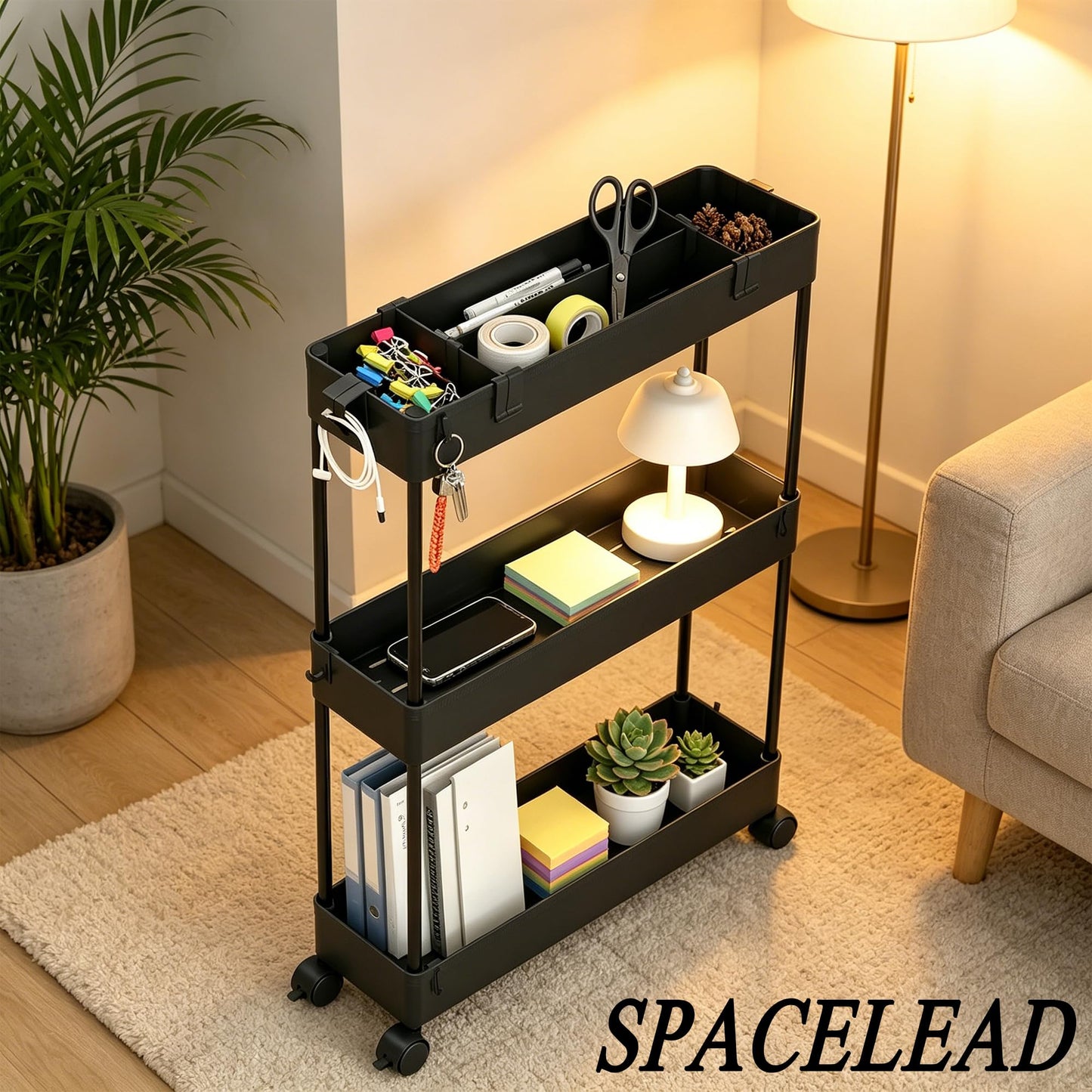 SPACELEAD Slim Storage Cart 3 Tier,Bathroom Organizer Rolling Utility,Mobile Shelving Unit Slide Out for Office, Kitchen