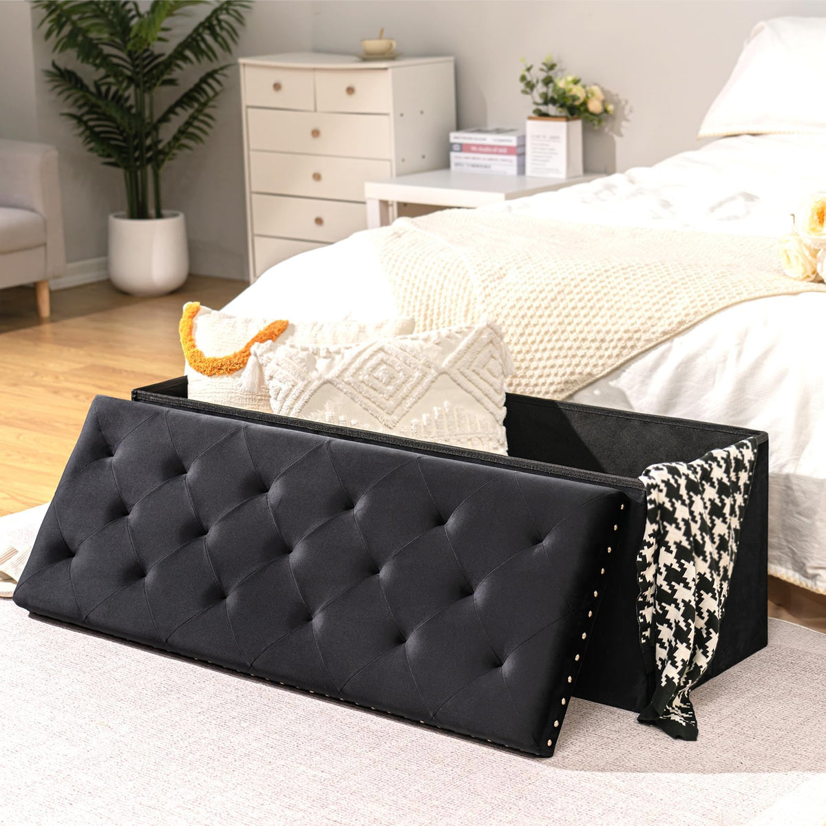 Bonlife Velvet Ottoman with Storage,Extra Large Storage Boxes with Lids, Folding Ottoman Bench Seat,Footstool for Living Room,110X40X40cm