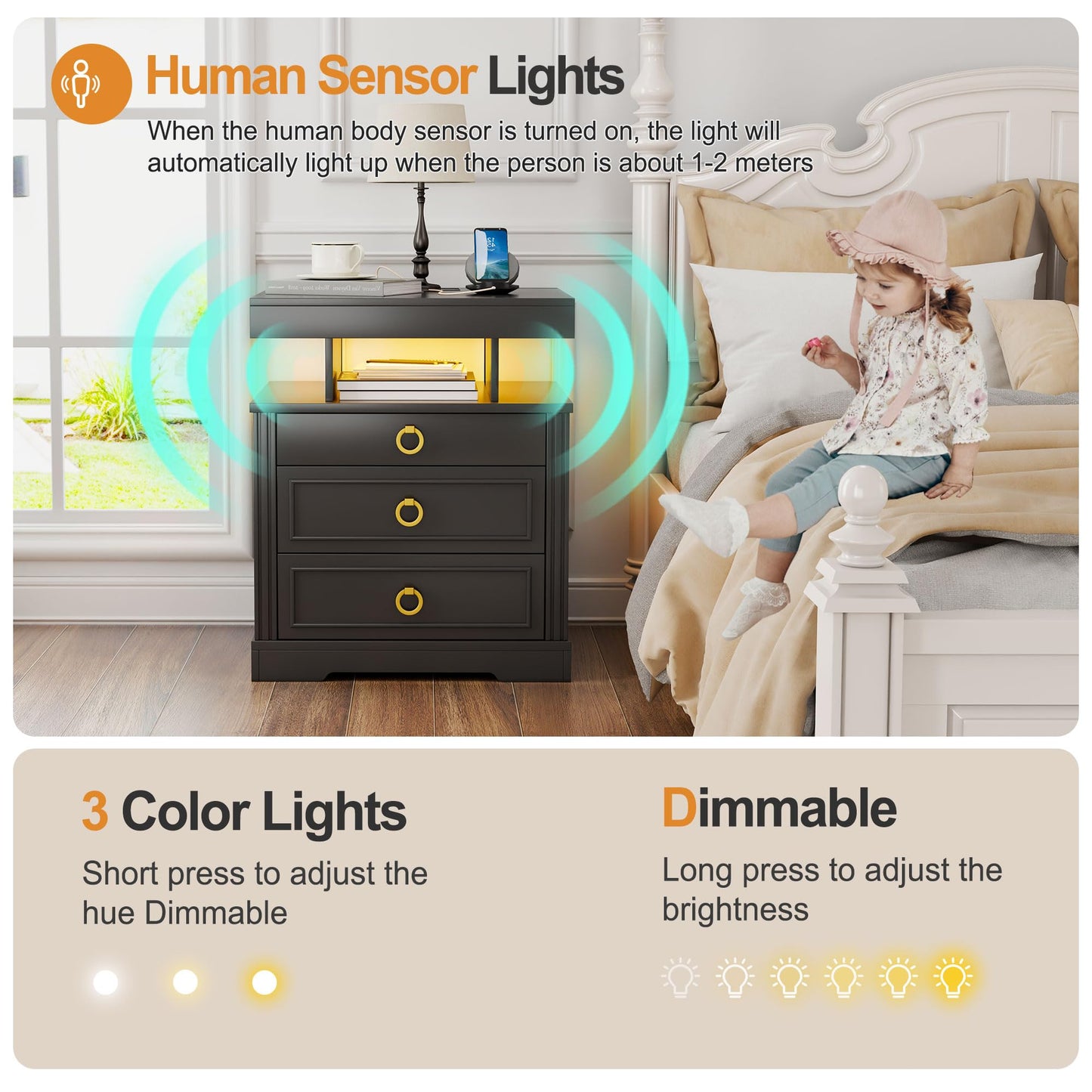 Gurexl LED Bedside Table with Gun Drawer, Charging Bedside Table with USB & Type-C Port, Human Sensor Light