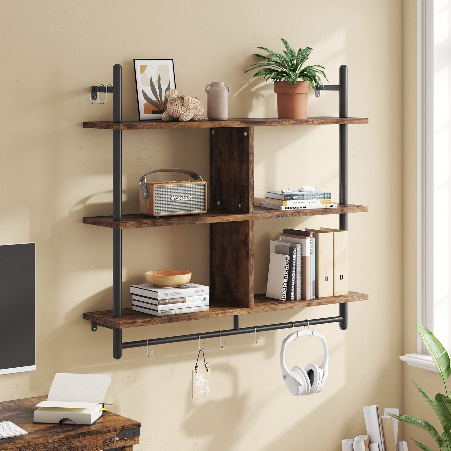 Bestier 3 Tier Floating Pipe Shelving 115CM Industrial Wall Mounted Ladder Shelf Hanging with Circular Tube with Hooks Wood Display Storage Home Decor