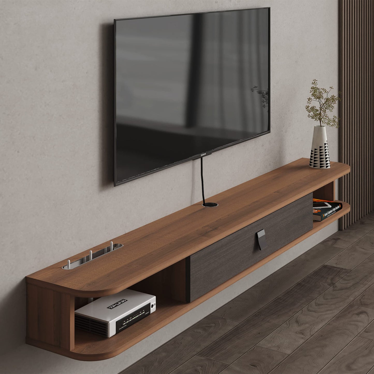 Pmnianhua Floating TV Unit, Wall Mounted TV Cabinet, Floating Shelves with Door, Modern Entertainment Media Console Center Large Storage TV Bench for