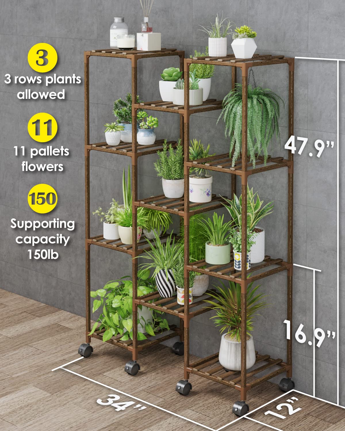 Bamworld Plant Stand With Wheels Indoor Outdoor Wood Plants Shelf for Multiple Plants 11 Pots Tall Large Flower Holder for Living Room Patio Balcony