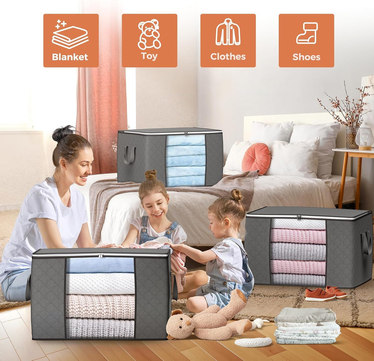 Budding Joy 90L Storage Bags, Large Clothes Storage Boxes with Zips Grey