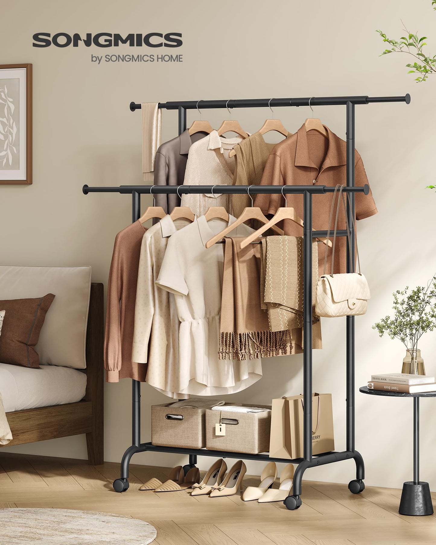 SONGMICS Clothes Rail, Double Clothes Rack on Wheels, Extendable Garment Rack, Heavy-Duty Metal Frame, 80 kg Total Max. Load, 83-120 cm Wide, Ink