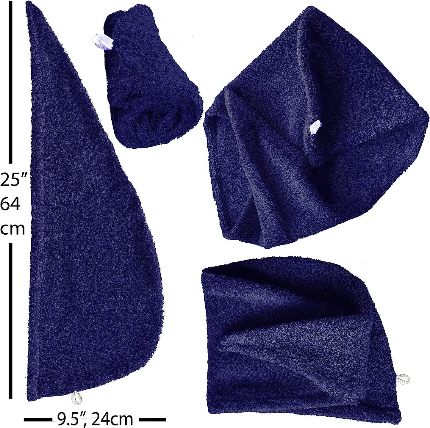 LLAMAXY 100% Pure Organic Cotton Hair Towel - Quick Dry Turban Wrap for Adults and Children - 3 Pack Blue