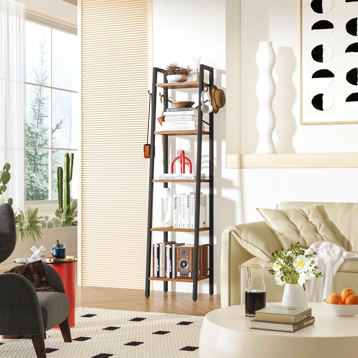 YMYNY 5 Tier Ladder Bookshelf, Height 160CM Bookcase, Freestanding Storage Organiser Shelves, Shelving Unit for Living Room Bedroom, Kitchen, Plant