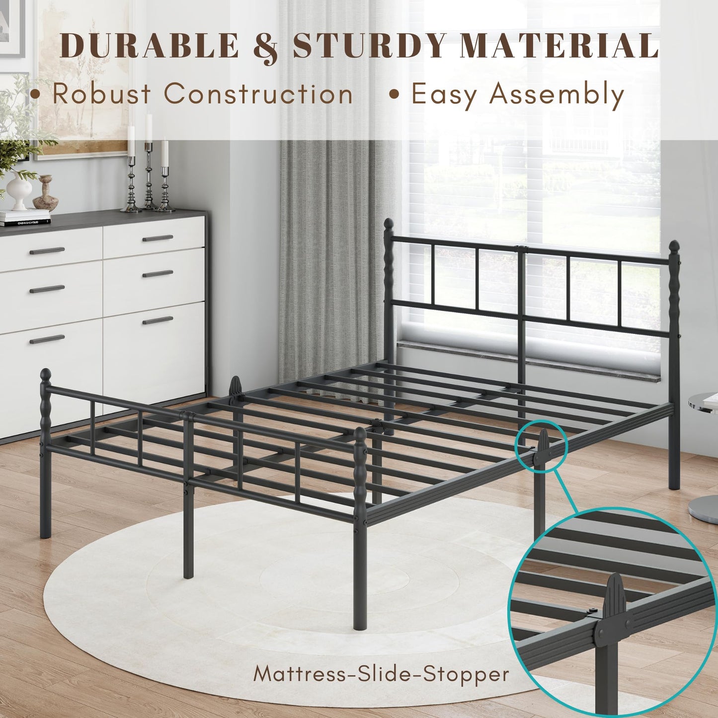 Hunlostten Double Metal Bed Frame - Modern Style Bed Frame with Headboard and Footboard Easy to Install, Noise Free, Sturdy, Black, 35.5 cm High