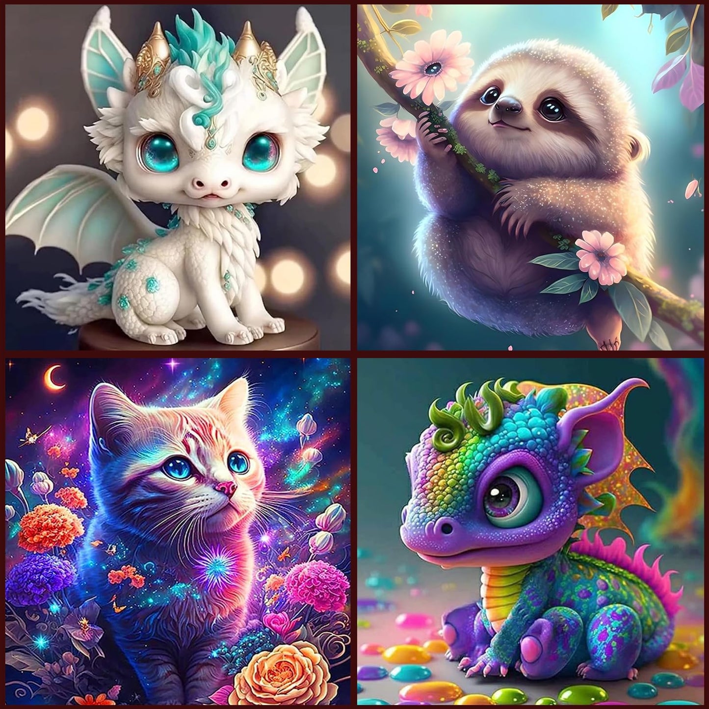 KEYRANKE 4 Pack Kids Diamond Art Kits Adults Diamond Painting Kits DIY 5d Small Diamond Art Painting, Animals Include cat, Sloth, Dragon, Arts Crafts