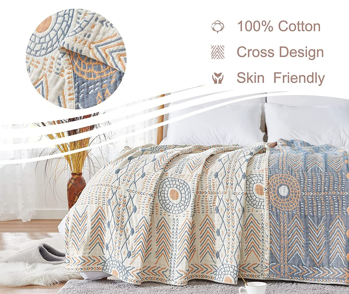 VANJOROY Double-sided Bohemian Sofa Bed Large Throw Blanket, 100% Pure Organic Cotton Soft Boho Throw for 2 3 Seater Settees Armchair Couch and