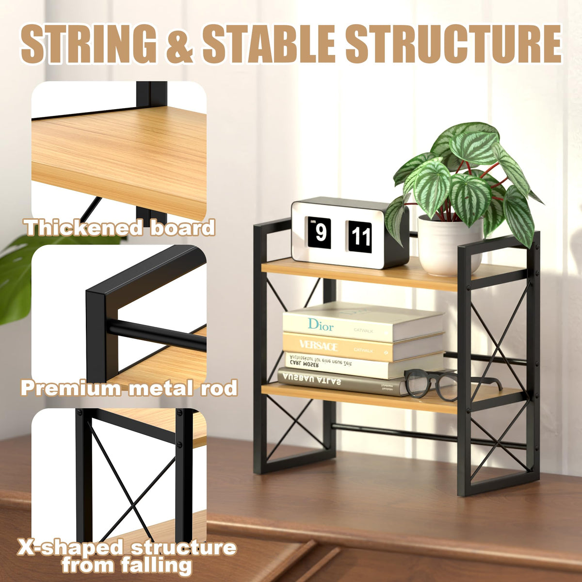 Alytree Desk Shelf Organizer, Wood Desktop Bookshelf Supplies Storage Rack, Shelf for Living Room, Bedroom, Kitchen and Office, Black