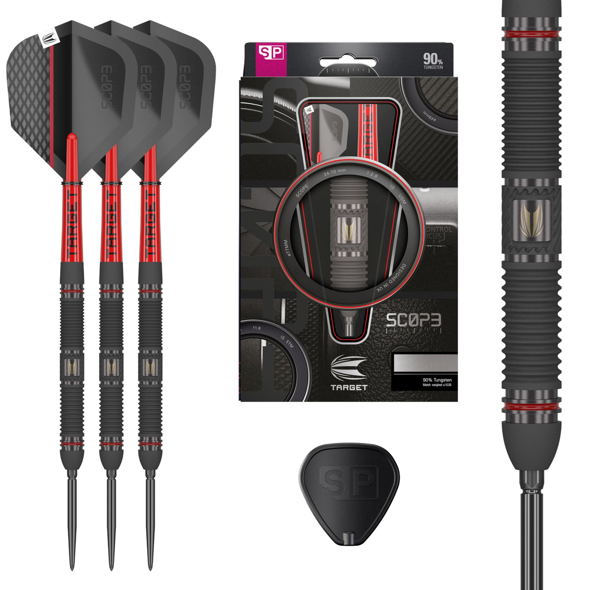 Target Darts Scope Steel Tip Swiss Point Darts, 90% Tungsten Dart Set, Barrel 01-25G | Steel Tip Dart Sets, Red & Black Darts, Professional Dart Set