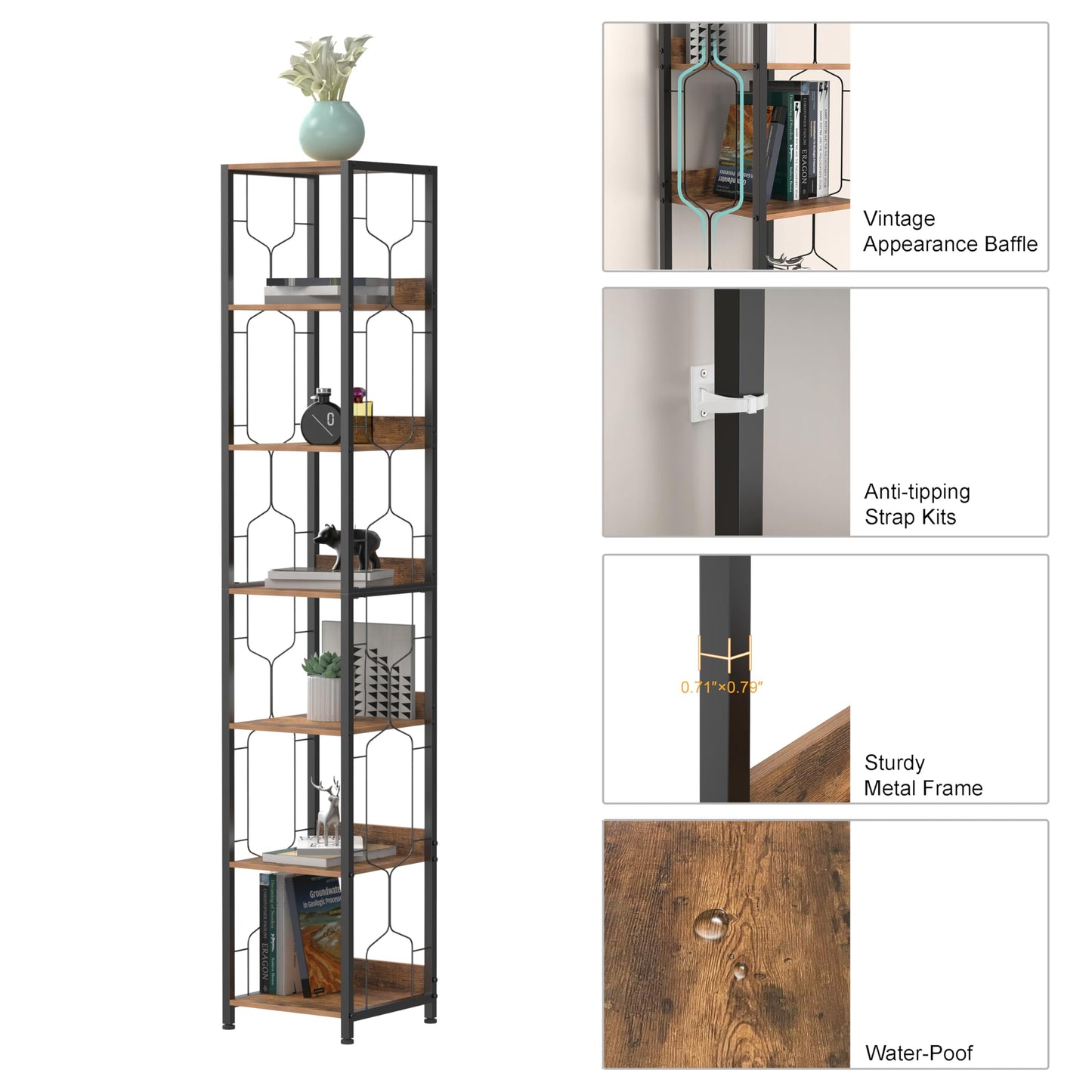 Trironsun 6-Tier Corner Bookshelf Tall Narrow Bookcase Open Storage Rack Skinny Book Shelf Industrial Display Stand Rustic Square Shelf Tower for