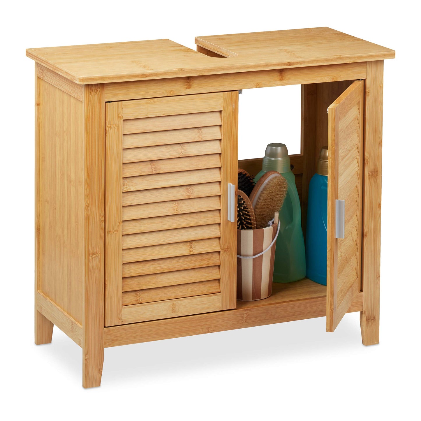 Relaxdays Bathroom Cabinet, Free Standing, Wooden, 2 Doors, Storage, Bamboo, Cupboard, HxWxD: 60 x 67 x 30cm, Natural