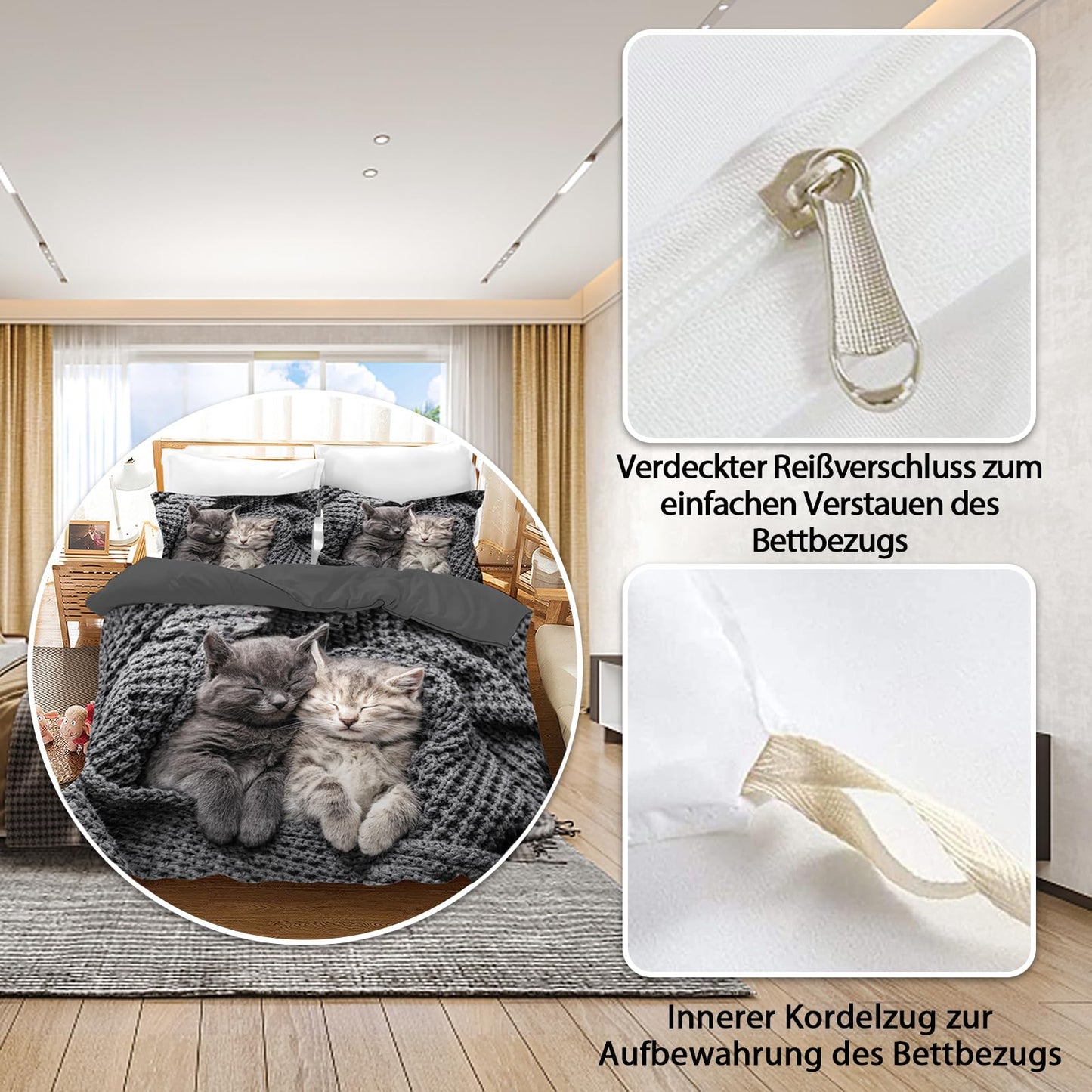VTRXEG Cat Bedding Set, 3-Piece Soft and Comfortable Microfiber Duvet Cover Set for Children and Adults (220x240cm)