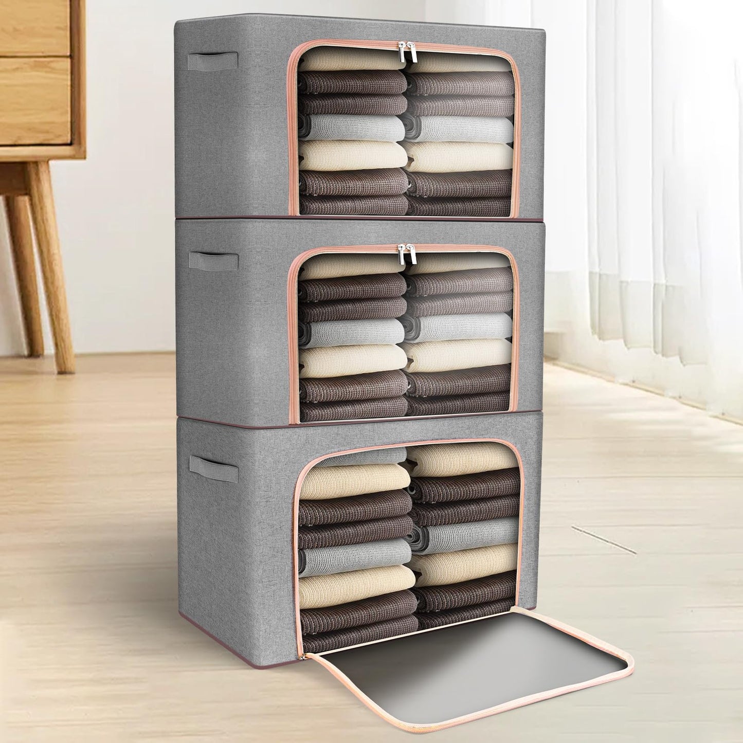 OurLeeme Clothes Storage Bags 3 Pack Foldable Storage Box 24L Wardrobe Clothes Storage Organiser with Zip and Lid Organizer for Moving House Thick