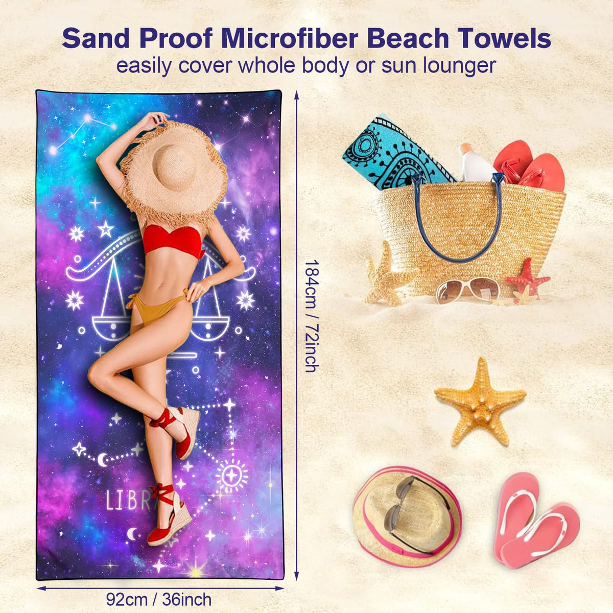 Violetpos Libra Zodiac Sign Beach Towel for Astrology Fans, Extra Large 180x90 cm 250GSM Microfibre, Sand Free Quick Dry