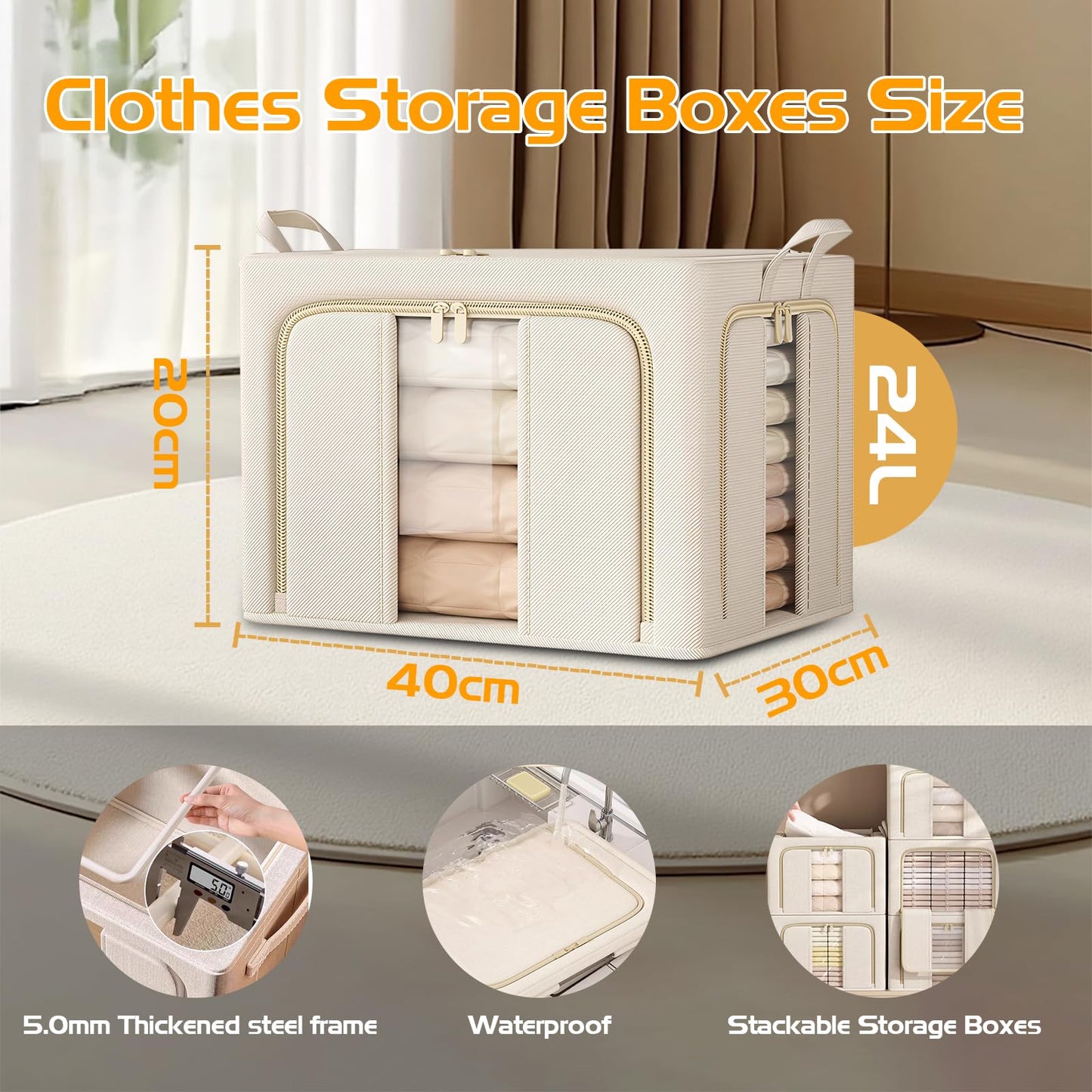 Clothes Storage Boxes with Lid,Upgraded 5.0mm Steel Frame Waterproof Fabric,3-Way Double Zipper Openings & 2 Clear Windows,Better Foldable Storage