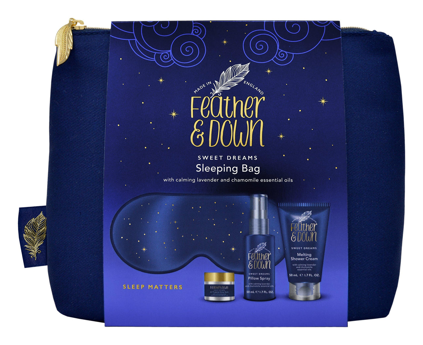 Feather & Down Sleeping Bag Gift Set (luxury eye mask, sleep balm, pillow spray and shower cream) - with calming lavender & chamomile essential oils.