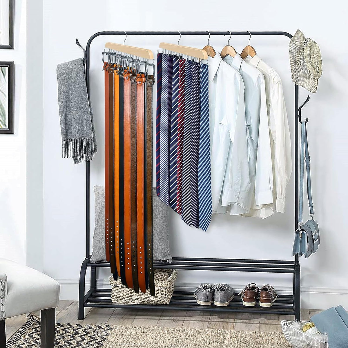 DIRXVMC Belt Hanger for Closet Max 42 Belts, Belt Organizer Closet Accessories with 14 Hooks Belt Rack Sturdy Wood for Closet Organizers and Storage