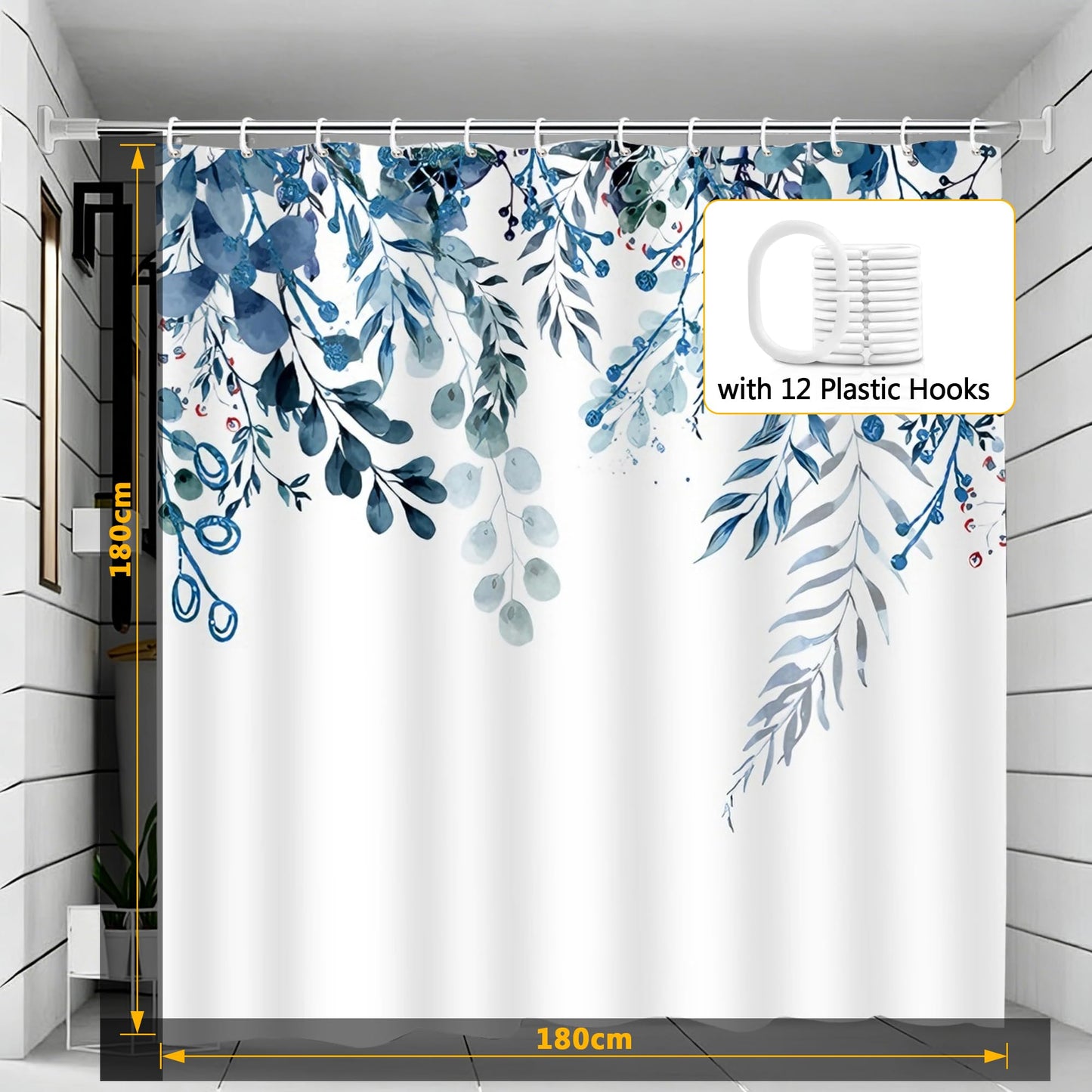 LOSYHU Shower Curtain, Mould Proof Shower Curtain for Bathroom, with 12 Hooks, 180 x 180 cm Waterproof Polyester Fabric Shower Curtains