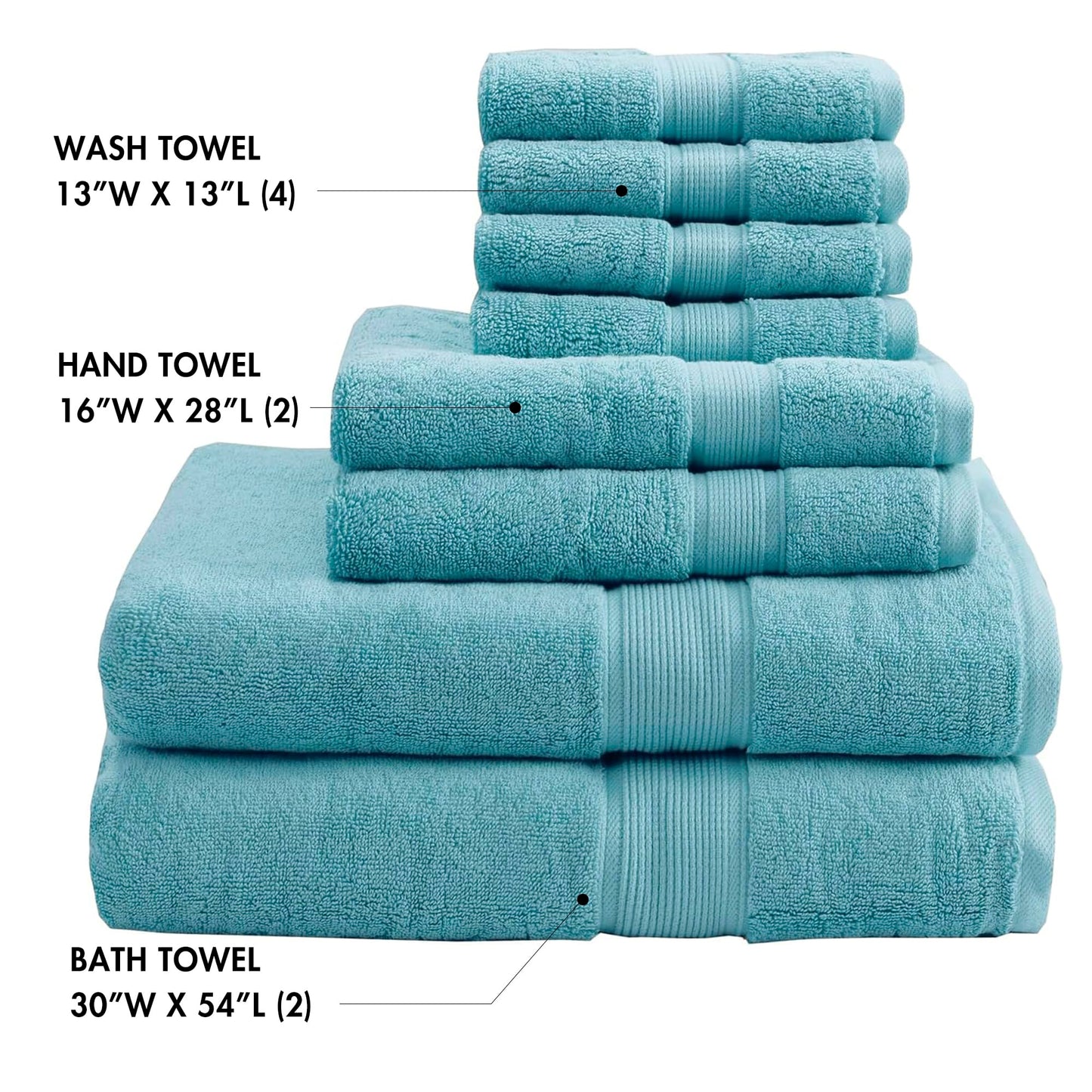 Madison Park 800GSM 100% Cotton Luxury Turkish Bath Towel Set, 8-Piece Include 2 Bath, 2 Hand & 4 Wash Towels, Aqua