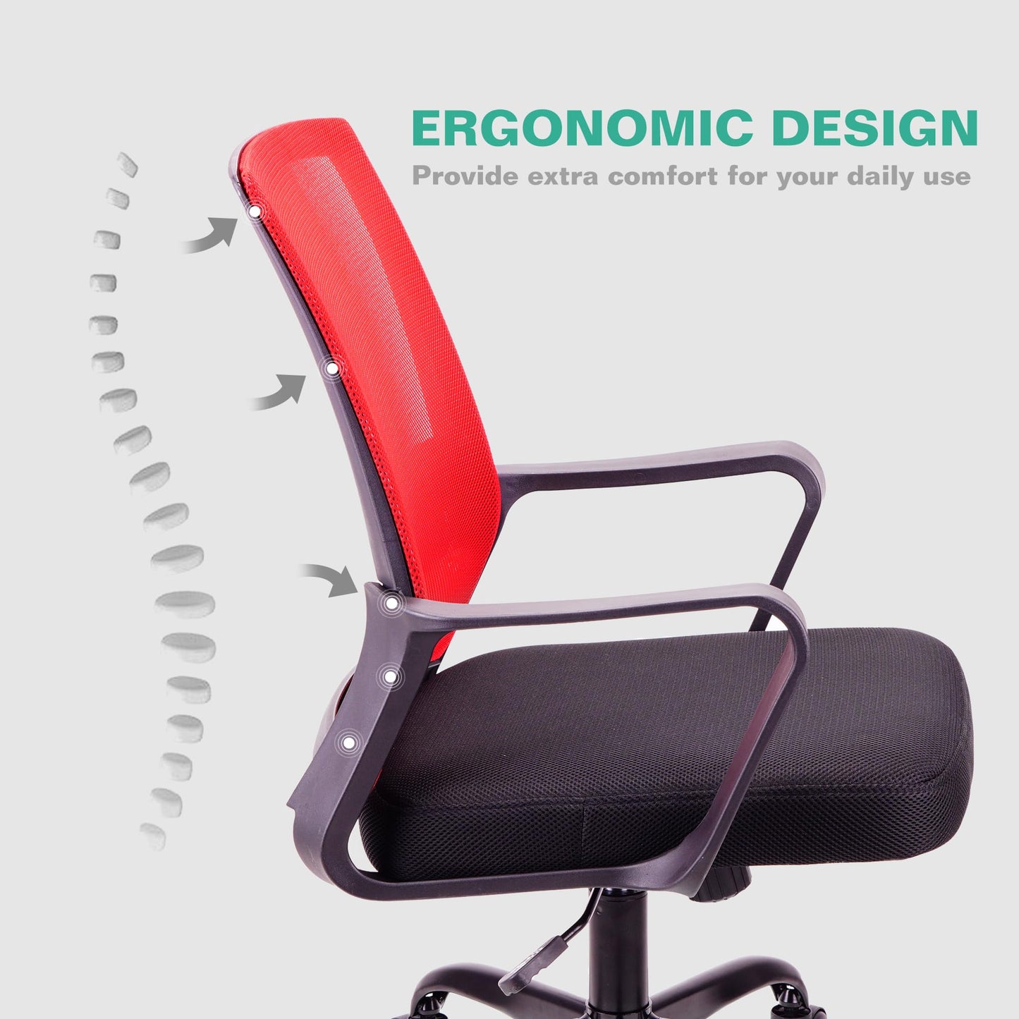 T-THREE.Adjustable office chair, ergonomic mesh swivel seat, with lumbar support, height adjustment, 360° rotation, and tilt function