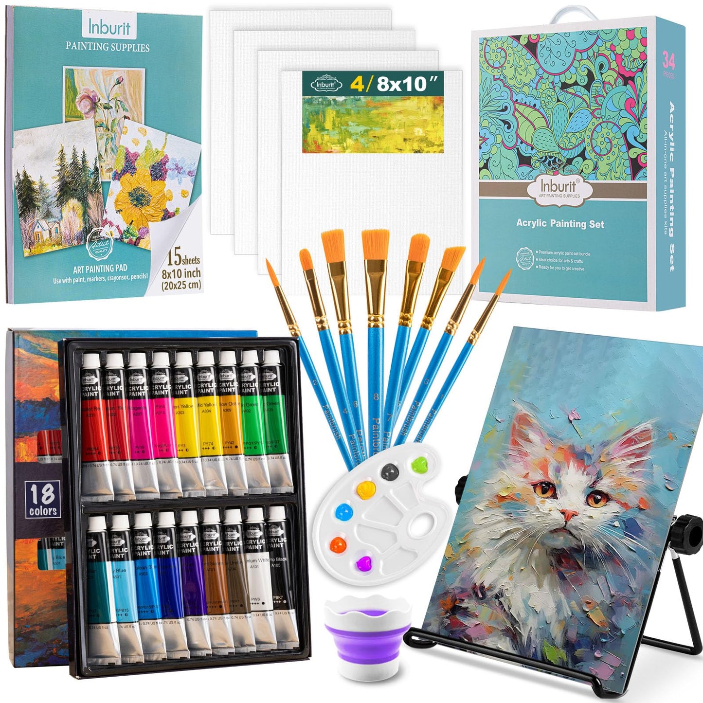 Inburit Acrylic Paint Set for Kids Adults, Art Painting Set with 18 Acrylic Paints, Canvas Panels and Brushes, Art Supplies Gift for Christmas