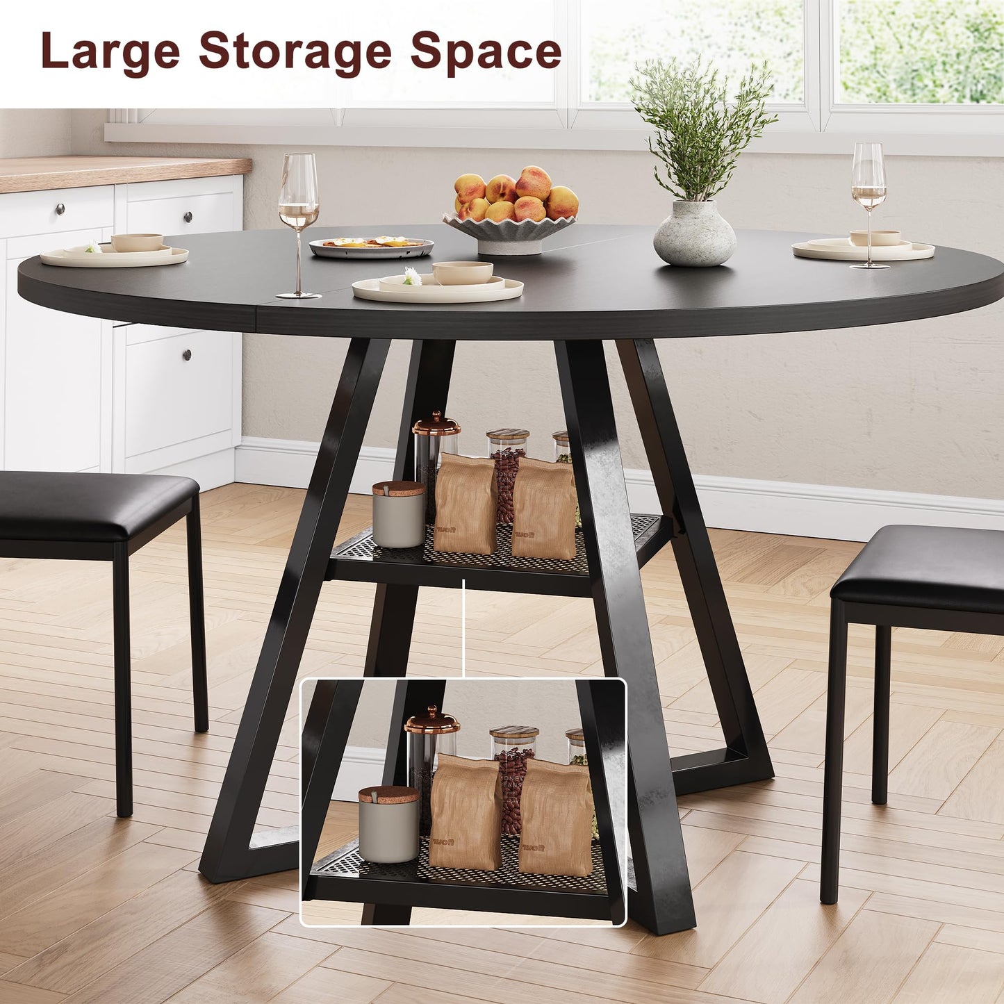 Jocoevol Round Dining Table for 2-4 People, Circle Dinner Table with Shelves, Space Saving Wood Kitchen & Dining Room Furniture (Black, 42 inch