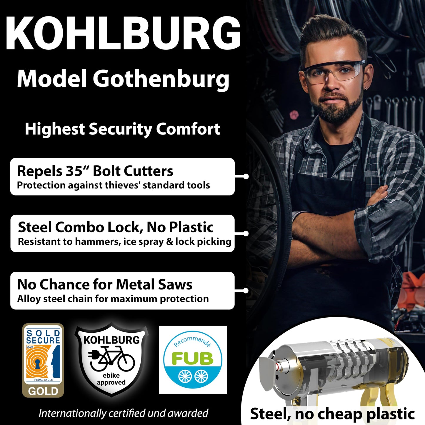 KOHLBURG Heavy Duty Combination Bike Lock [Sold Secure Gold] 43"/110cm Long with Maximum Security ? Anti Theft Bike Chain Lock with Numeric Code & 8mm