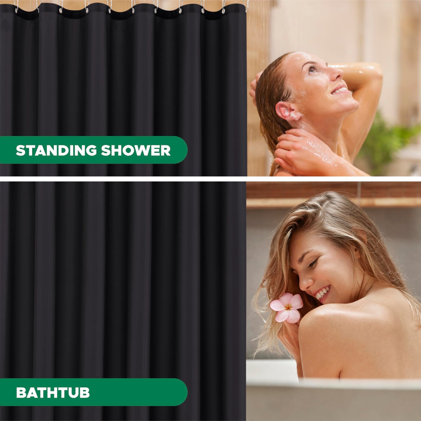 Biscaynebay Fabric Shower Curtain with Short Liner 72" W x 65" L, Black Water Resistant, Rust Resistant Grommets, Weighted Bottom, Machine Washable