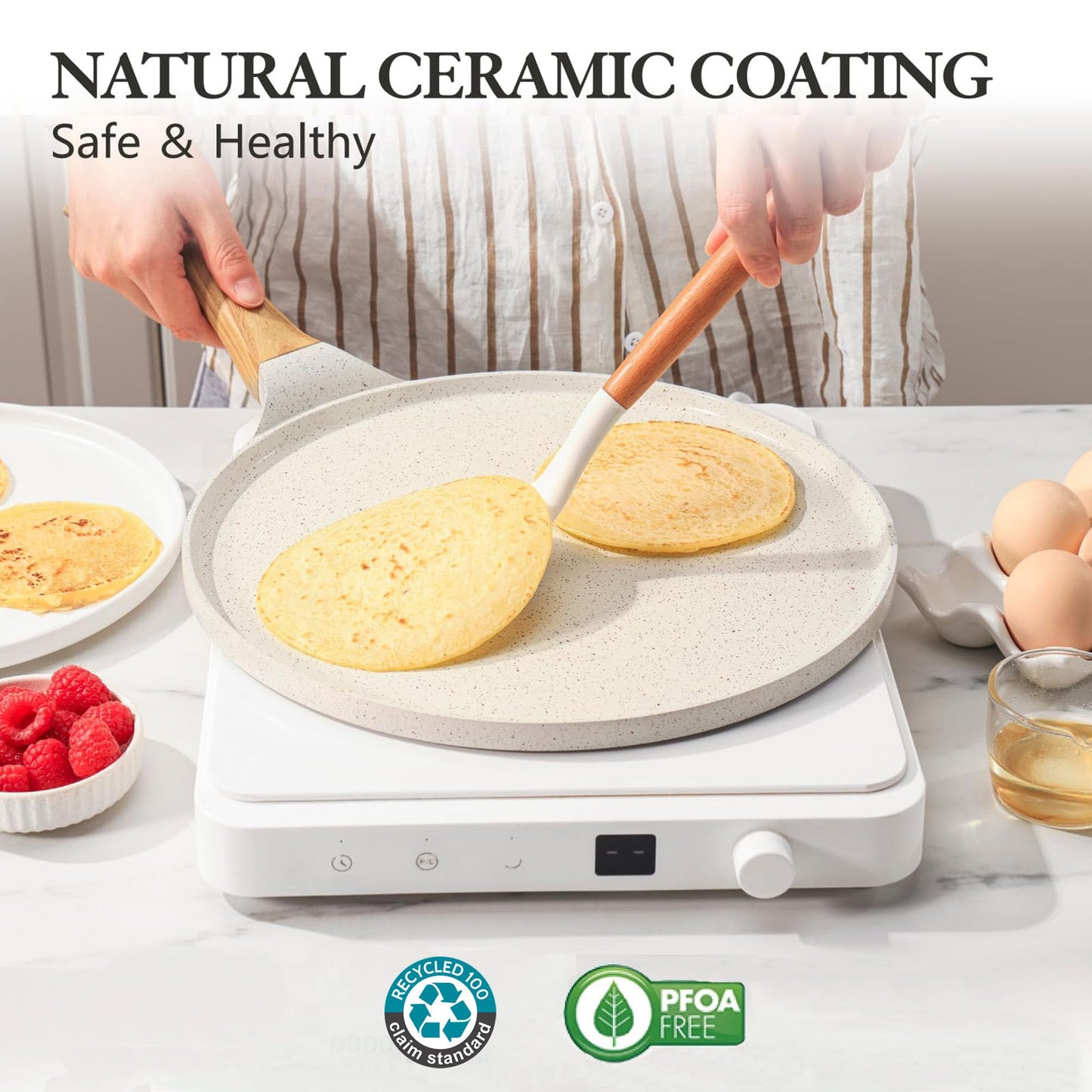 SENSARTE Nonstick Pancake Pan with Spreader, 30cm Natural Ceramic Coating Dosa Pan Crepe Pan Flat Skillet Tawa Griddle with Stay-Cool Handle,
