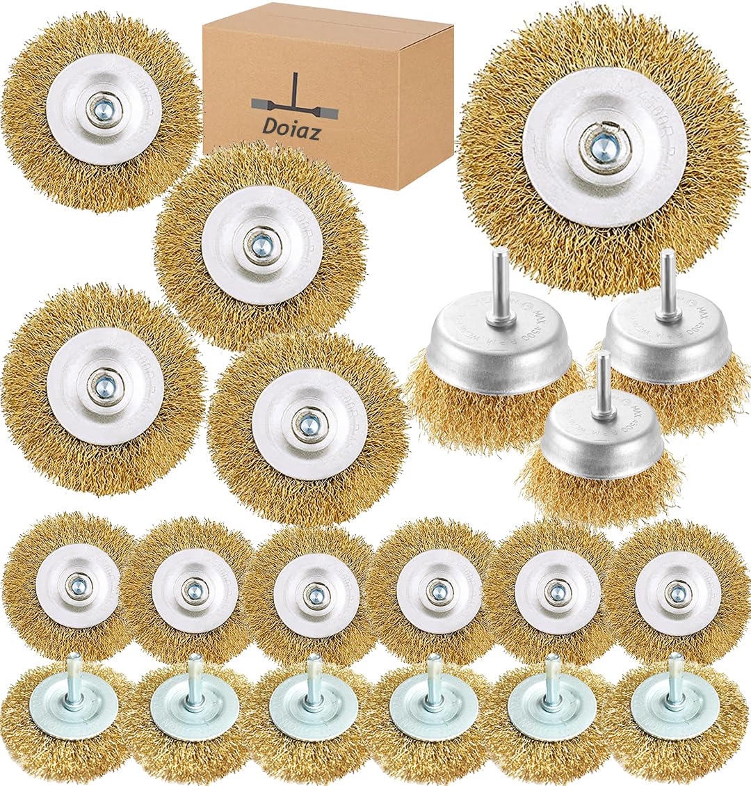 Wire Brush Cup Wheel Drills Set 20 Piece Wire Brush Kit Power for Drill 1/4 Inch Arbor Brass Coarse Carbon Crimped Cleaning Rust, Stripping, Abrasive