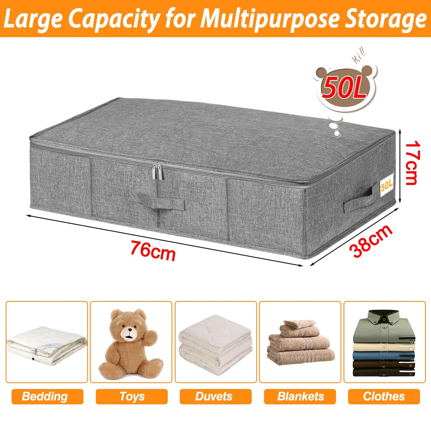 Under Bed Storage Box with Lids, 3 Pack Underbed Storage with Side & Bottom Support & 3 Handles, Large Foldable Fabric Under Bed Storage Bag with Zip