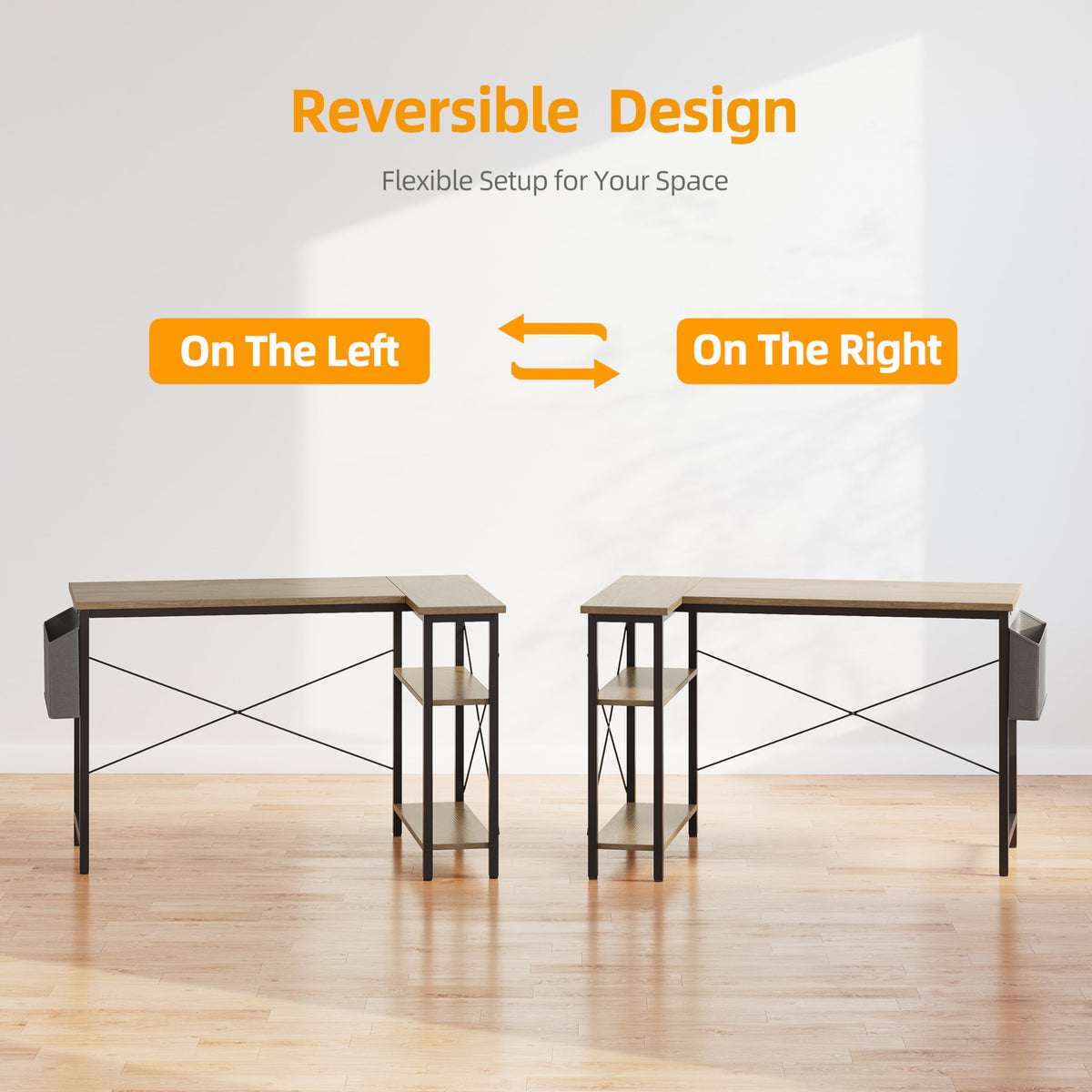 BEXEVUE L Shaped Corner Desk - 100x70 cm Study Office Gaming Desk, Computer Desk Small Writing Table, Large Reversible Storage Shelves, Bookshelf