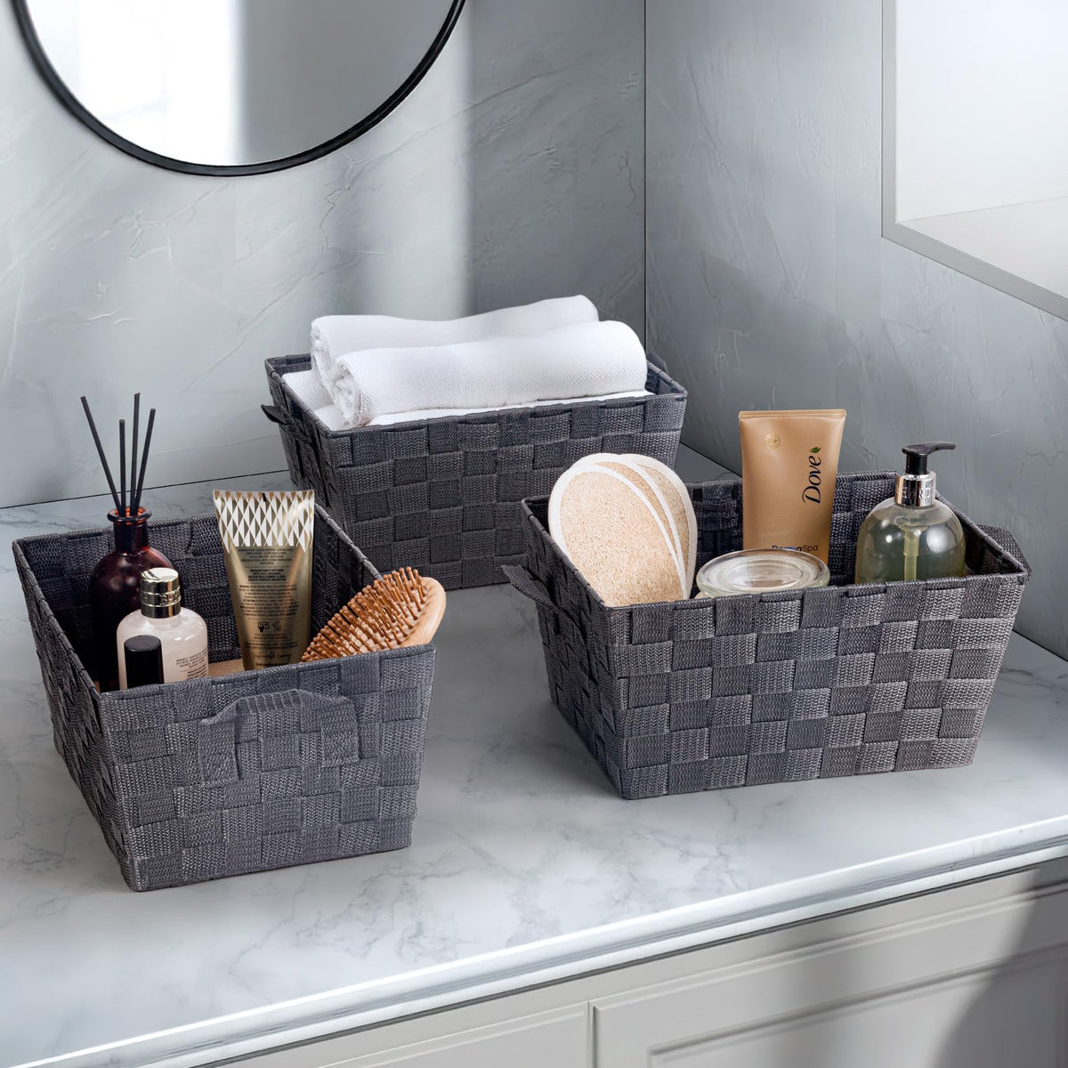 EHC Storage Baskets set of 3, Storage baskets for shelves, Storage Boxes Storage Organiser Hamper Basket, Grey