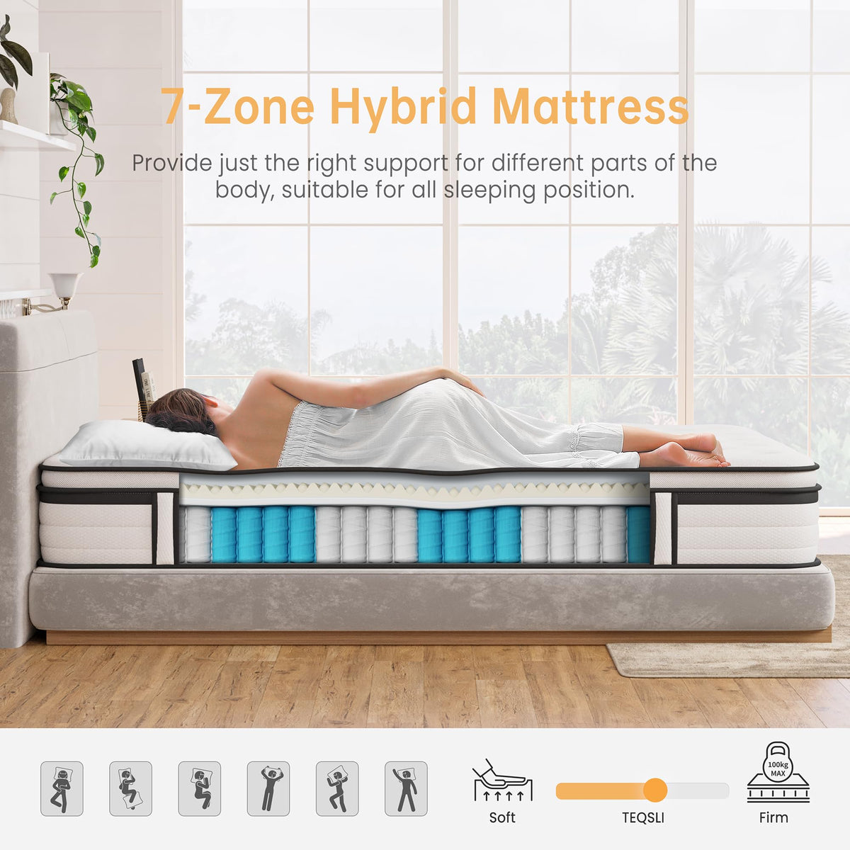 TeQsli Single Mattress 3FT Memory Foam Spring Hybrid Mattress 27CM