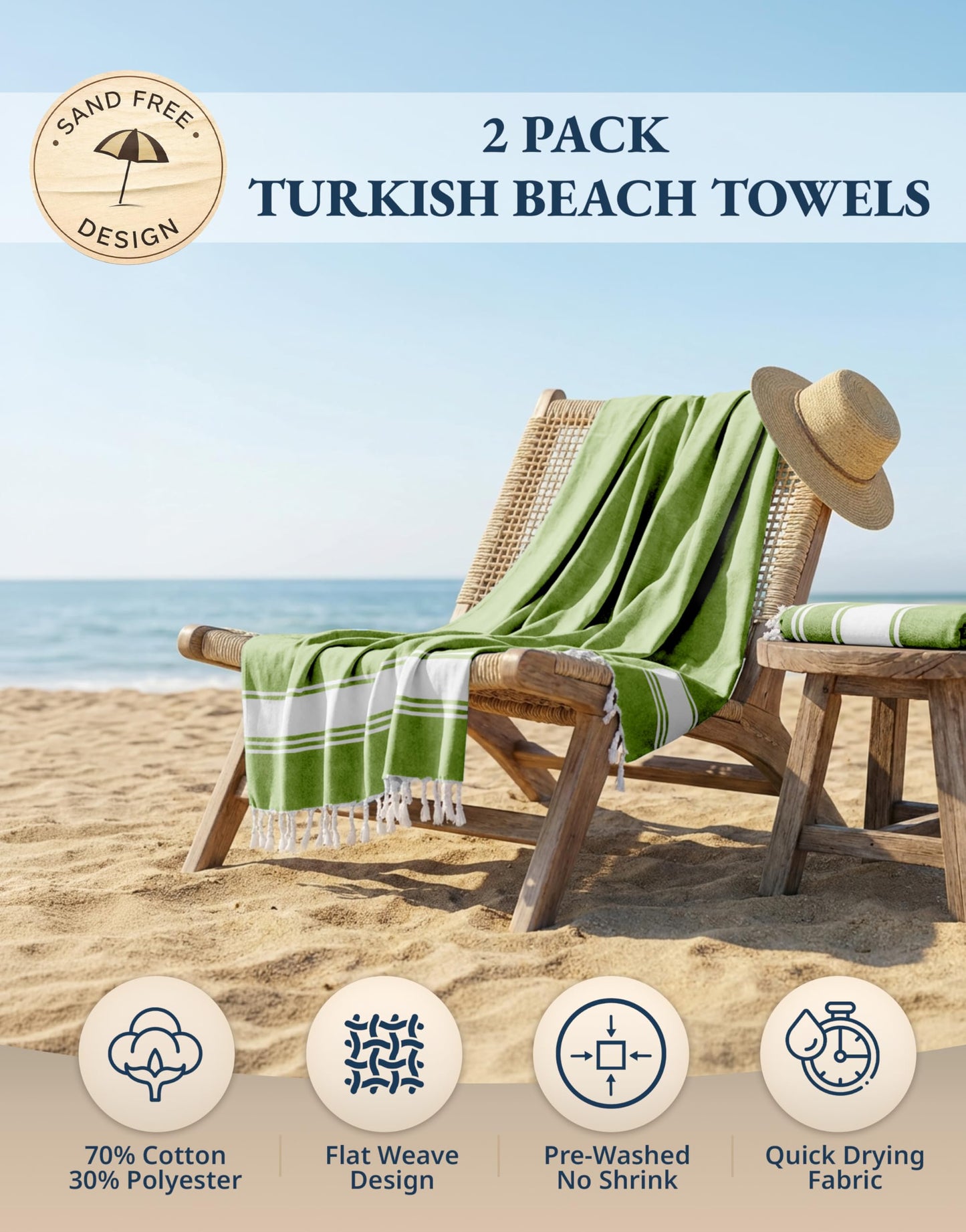 LANE LINEN Turkish Beach Towel 2 Pack, Oversized Towels 39"x71", Cotton Rich Lightweight Beach essentials For Women, Large Pool Towel