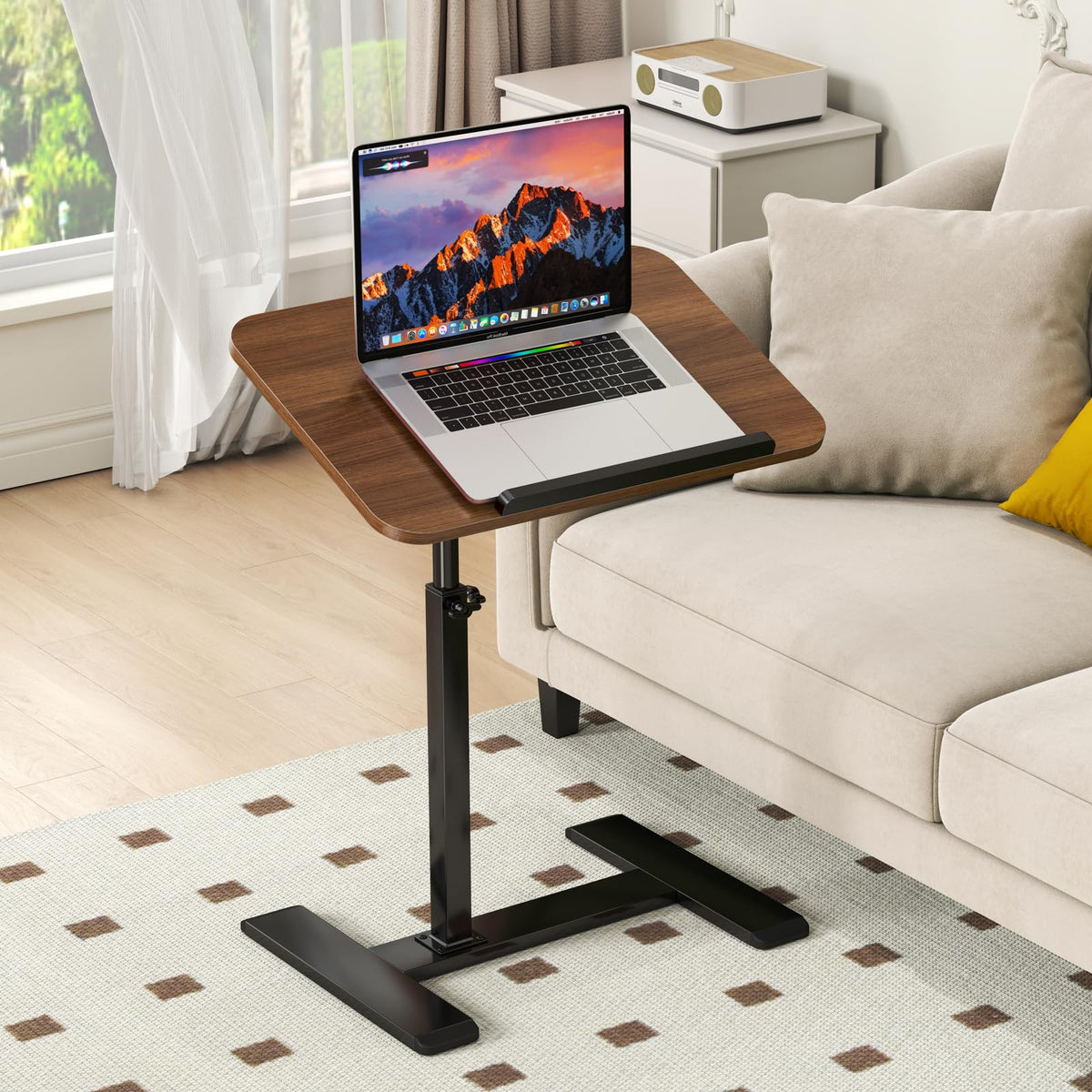 Adjustable Height C Shaped Side Table,360°Swivel Overbed Table,Top Tilting Laptop Stand Tray Tables with Wheels,Mobile Couch End Tables that Slide