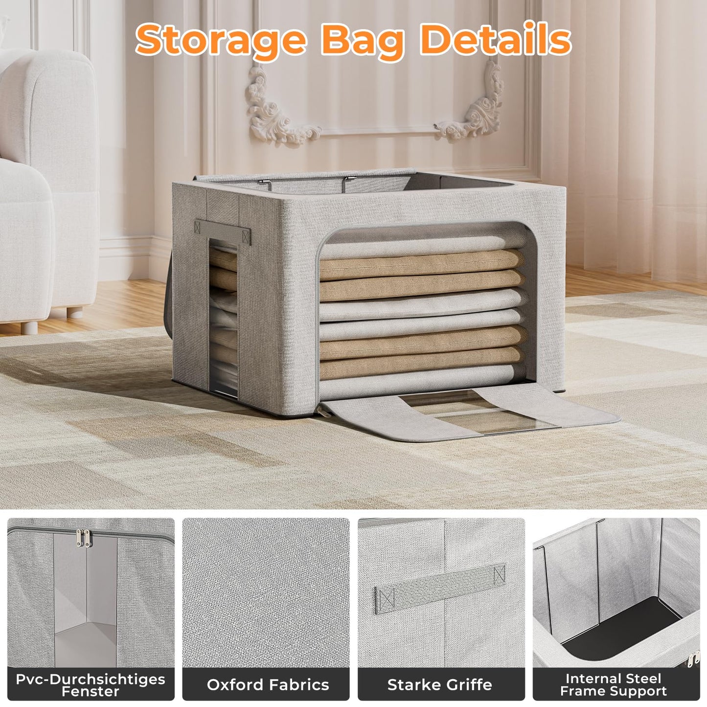 Boic 66L Clothes Storage Boxes With Metal Frame, 3 Pack Foldable Clothes Storage Organiser Storage Boxes With Lids Foldable Storage Box For Clothes